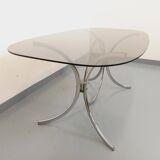 Vintage rectangular rounded dining table in smoked glass and chrome metal