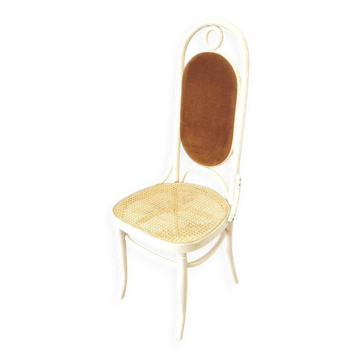 Chaise de salle à manger vintage Thonet en bois courbé : siège en osier, dossier en tissu jaune