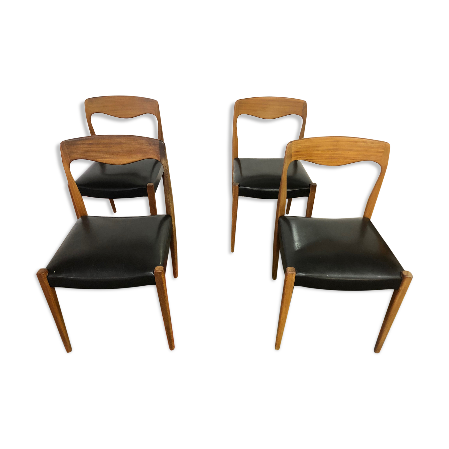 Lot de 4 chaises scandinaves danoises en teck & simili-cuir 1960