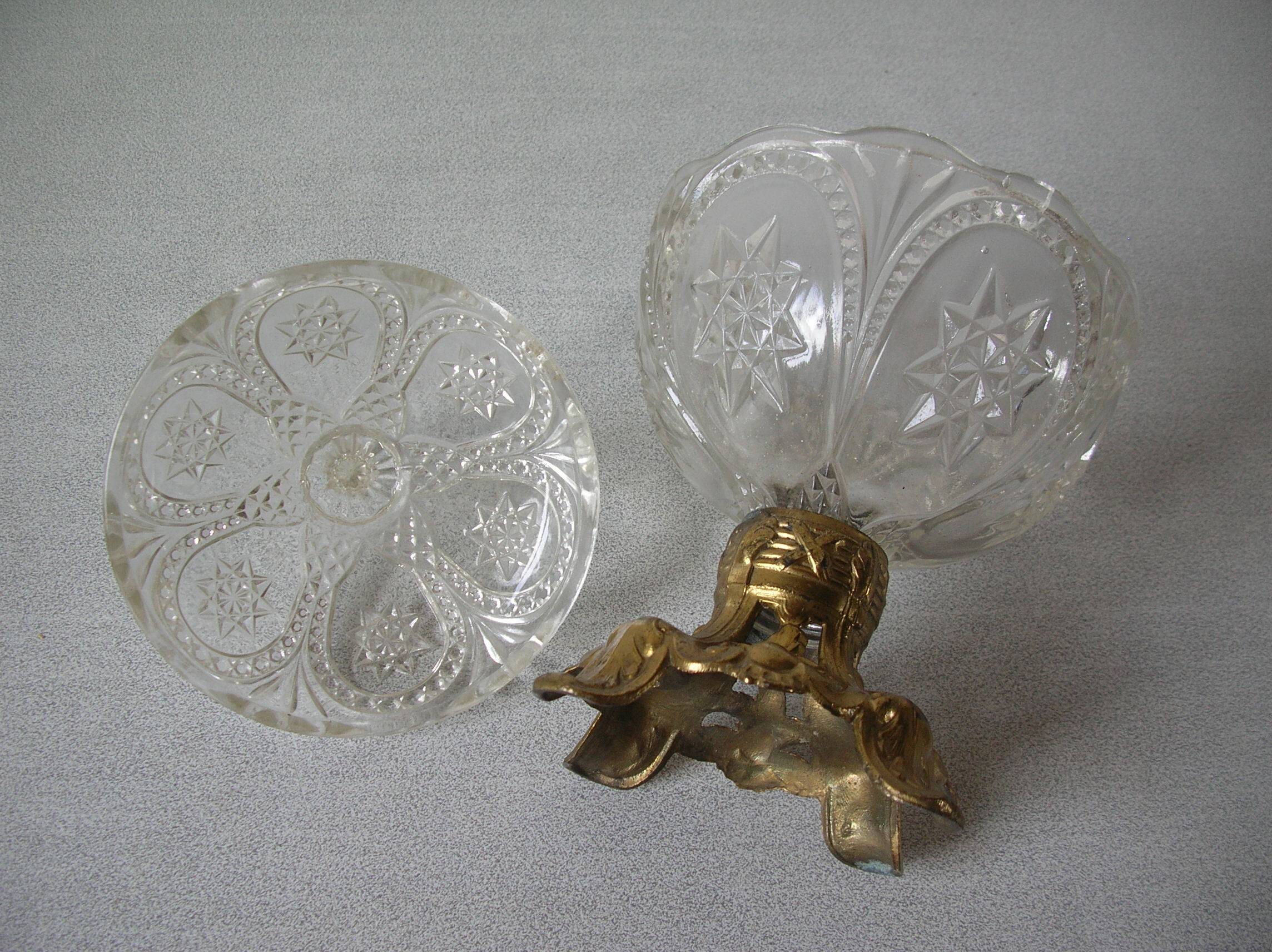 Old candy box sugar bowl molded glass pot on brass base decorative centerpiece