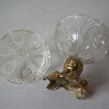 Old candy box sugar bowl molded glass pot on brass base decorative centerpiece