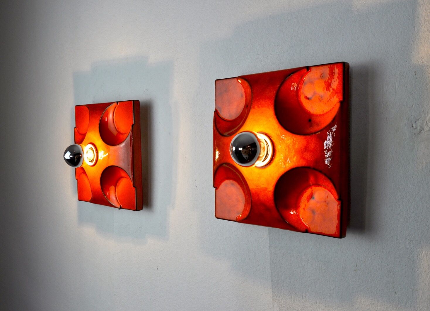 Pair of Fat Lava wall lamps by Hustadt Leuchten, Red ceramic, Germany, 1960