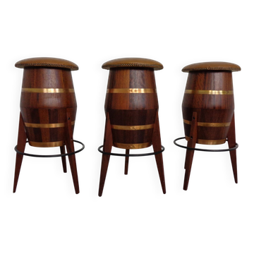 Mid-Century Teak & Copper Bar Stools, 1960s, Set of 3