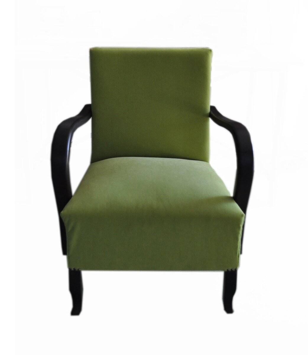Art Deco armchair in chartreuse green and black wood, fabric upholstery, 1920s.