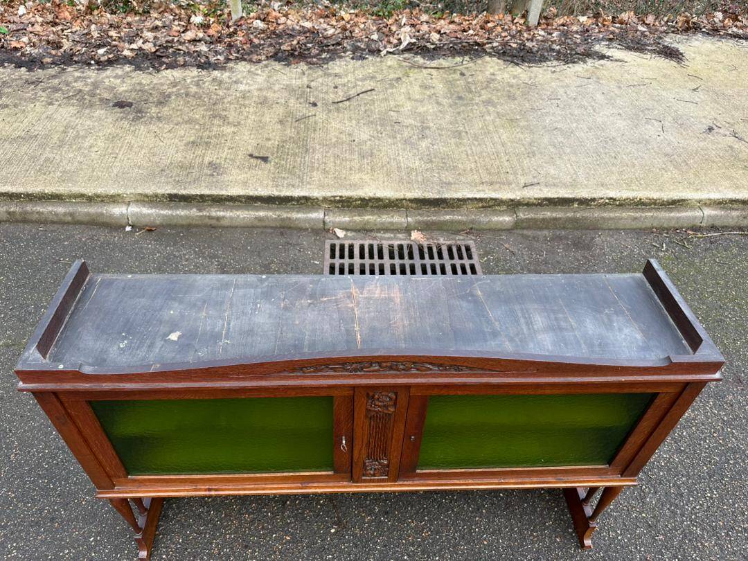 Art Deco sideboard in solid oak and frosted green glass, 1940.