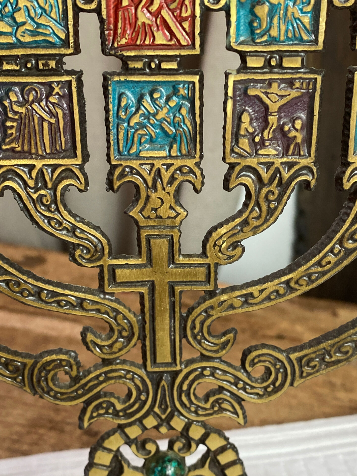 Seven-branched candelabrum, Judeo-Christian, brass and enamel