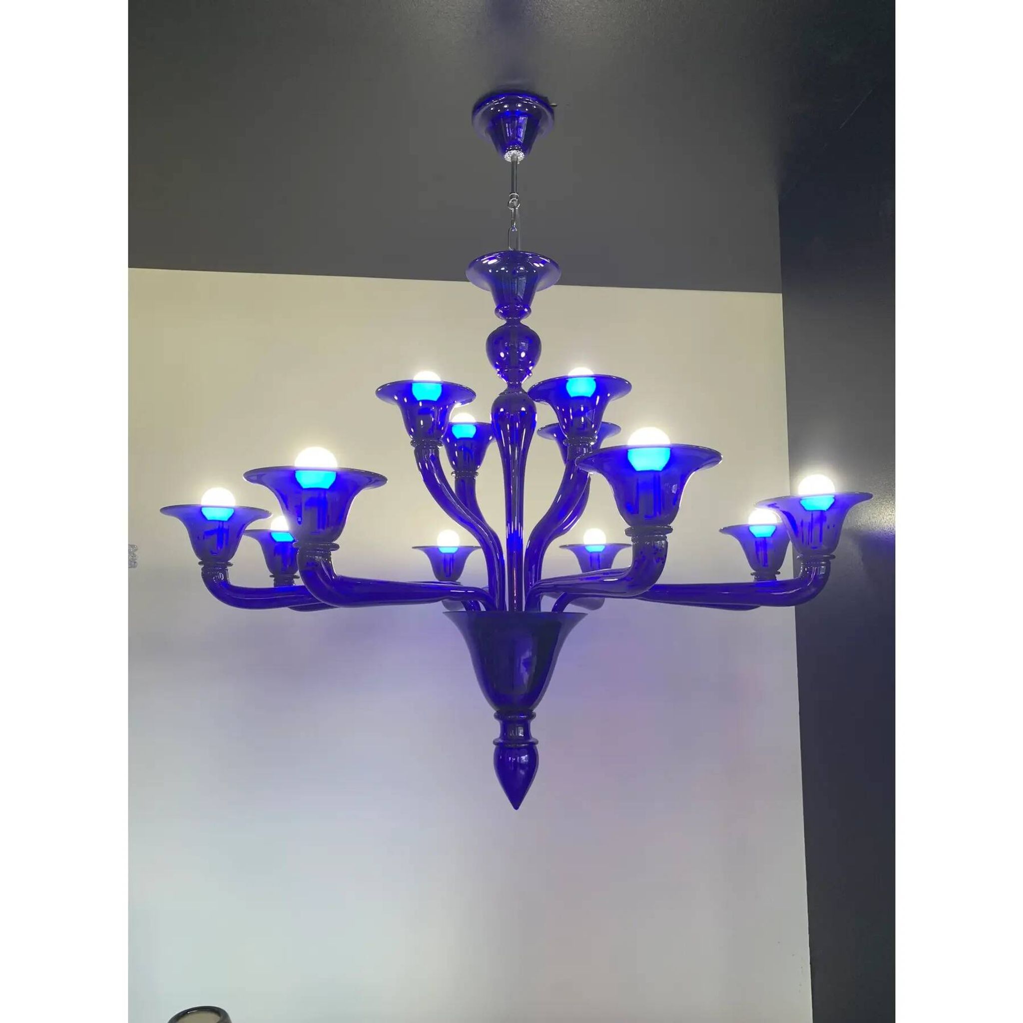 Blue Glass Chandelier, Contemporary, Attributed to Murano