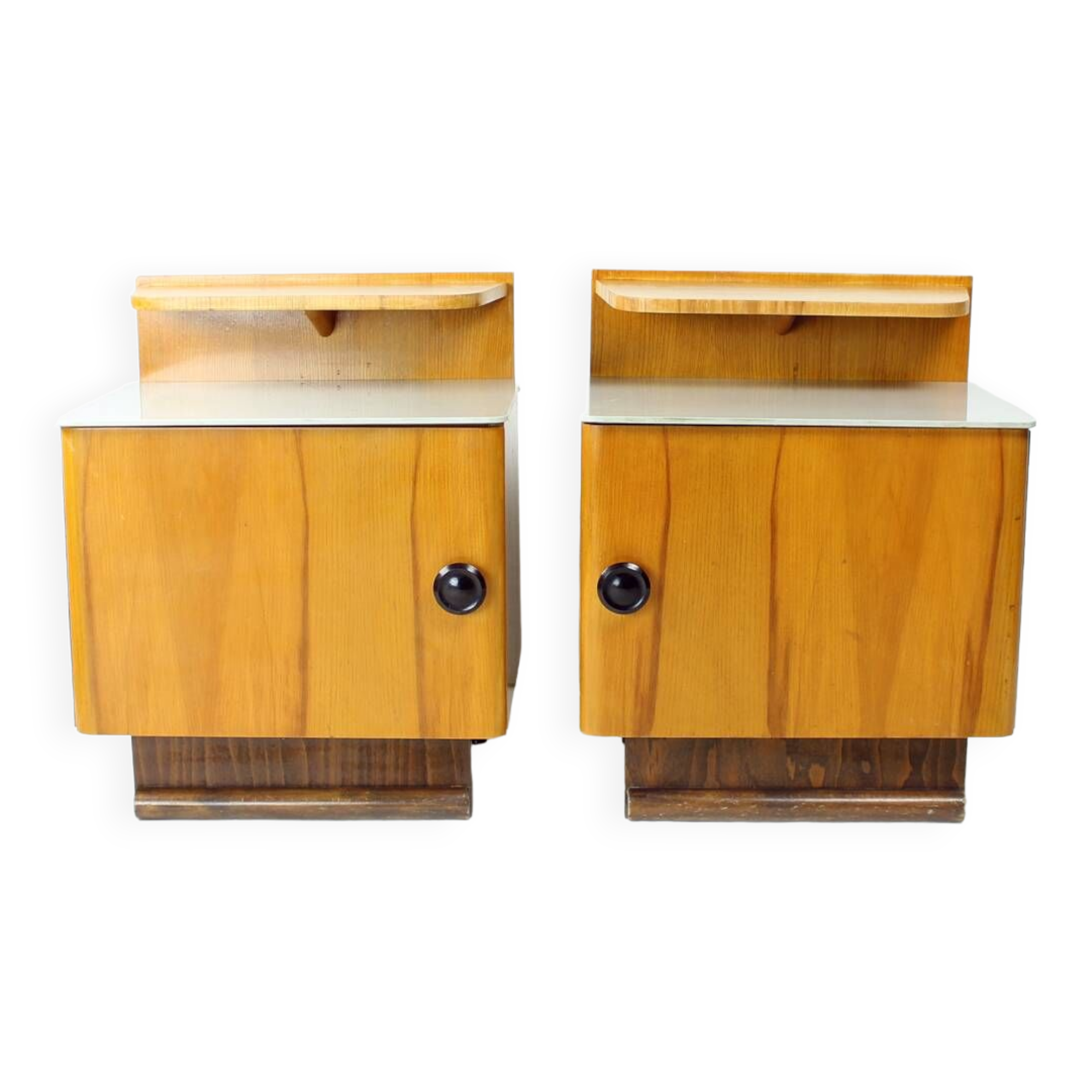 Ensemble de deux tables de chevet en bois et verre, Tchécoslovaquie 1950