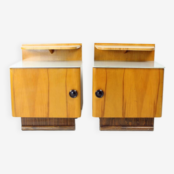 Set Of Two Bedside Tables In Wood & Glass, Czechoslovakia 1950s