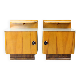 Set Of Two Bedside Tables In Wood & Glass, Czechoslovakia 1950s