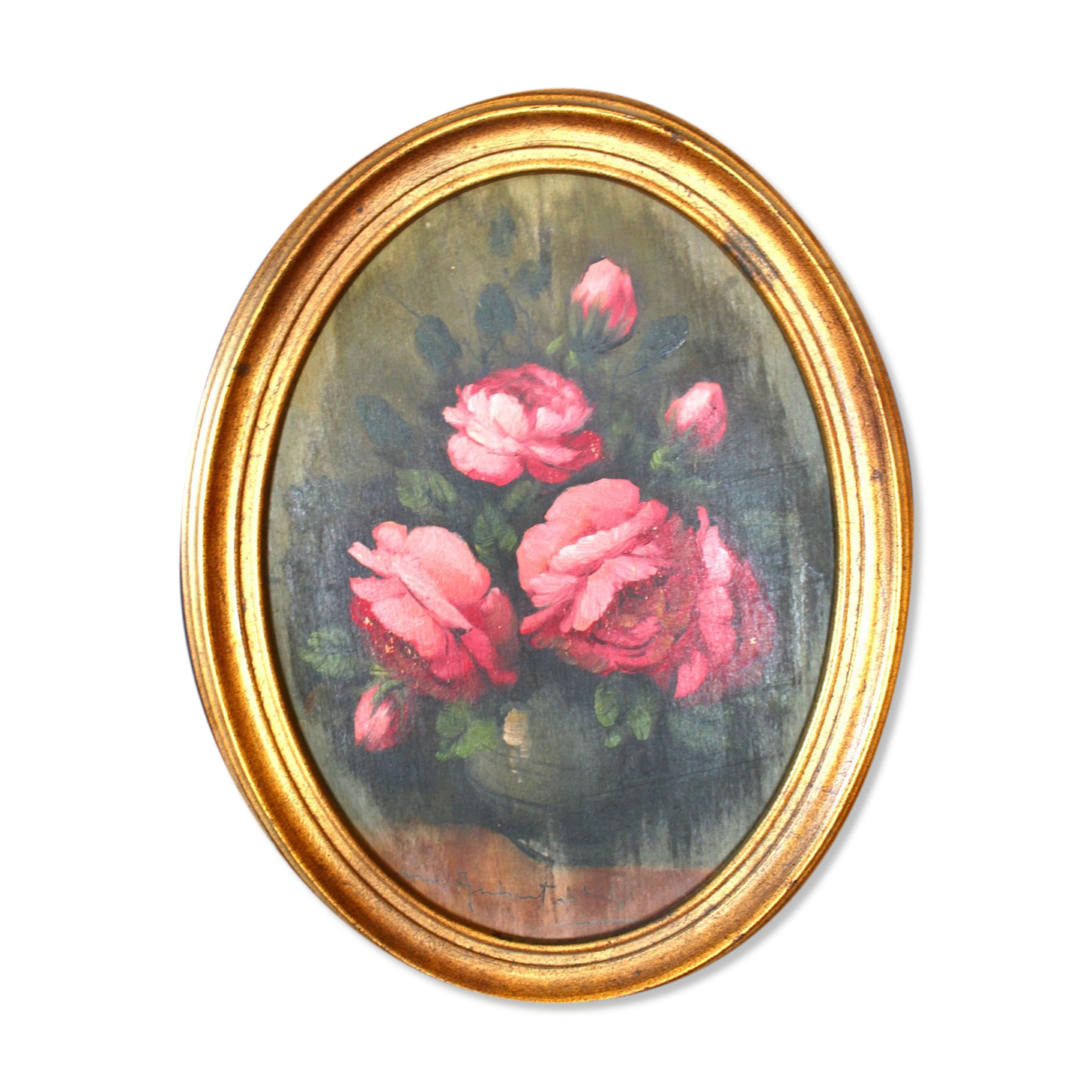 Antique vintage painting on wood, still life, oval frame, pink roses flower bouquet, signed, antique