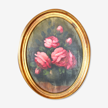 Antique vintage painting on wood, still life, oval frame, pink roses flower bouquet, signed, antique