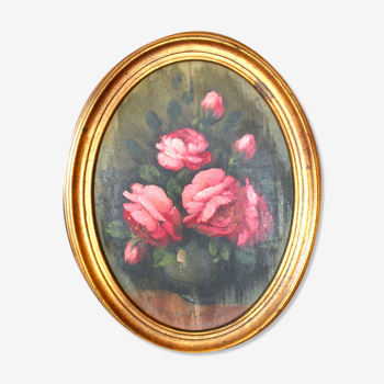 Peinture antique de cru sur le bois nature immobile, cadre ovale, bouquet rose de fleur de roses, signé, antique