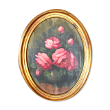 Antique vintage painting on wood, still life, oval frame, pink roses flower bouquet, signed, antique