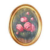Antique vintage painting on wood, still life, oval frame, pink roses flower bouquet, signed, antique