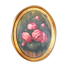 Peinture antique de cru sur le bois nature immobile, cadre ovale, bouquet rose de fleur de roses, signé, antique