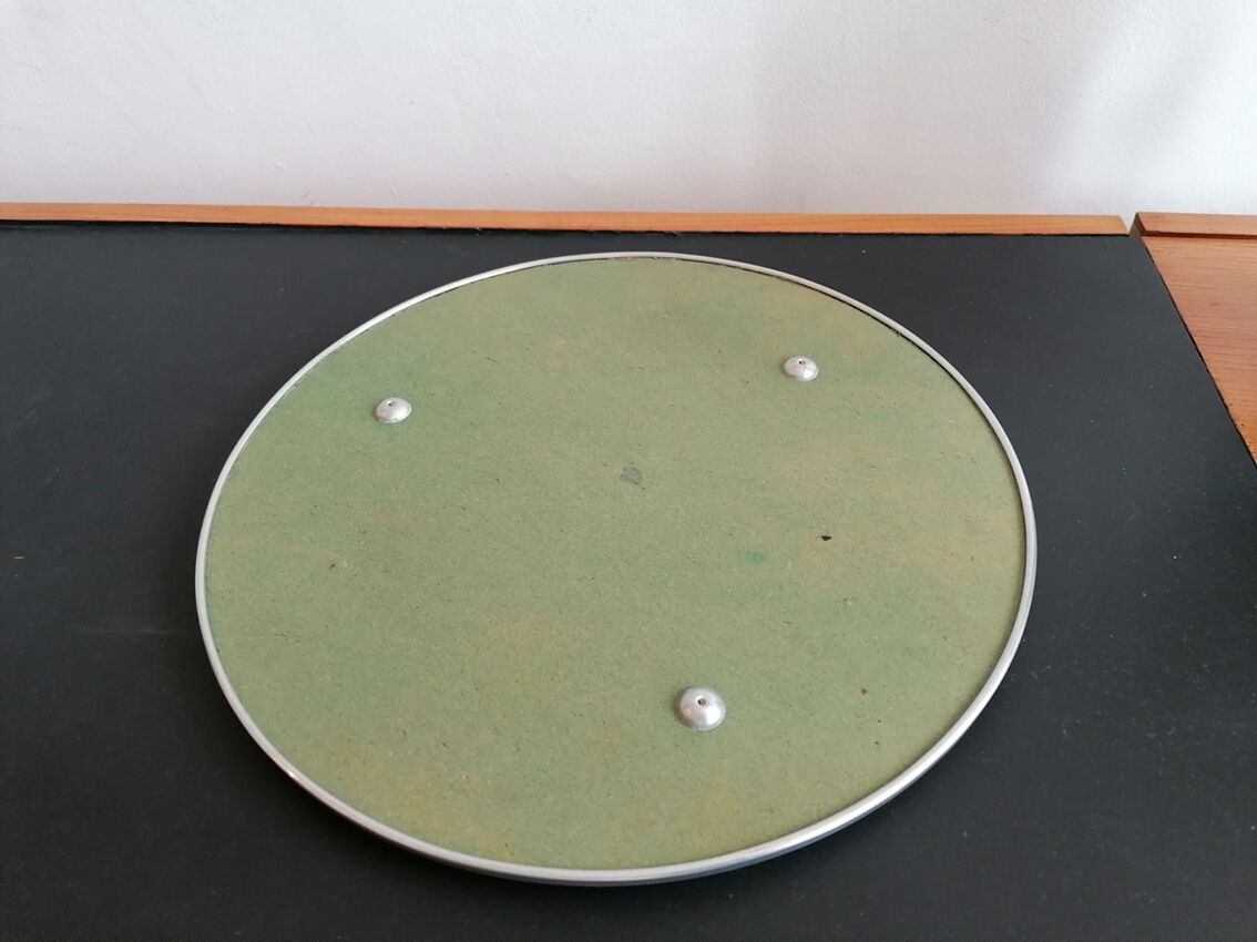 Set of 3 round mirrored trays, metal strapping, 1950/60