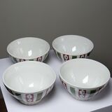 4 coffee bowls made of Badonviller earthenware, Art Deco decor from the vintage 1940s-1950s.