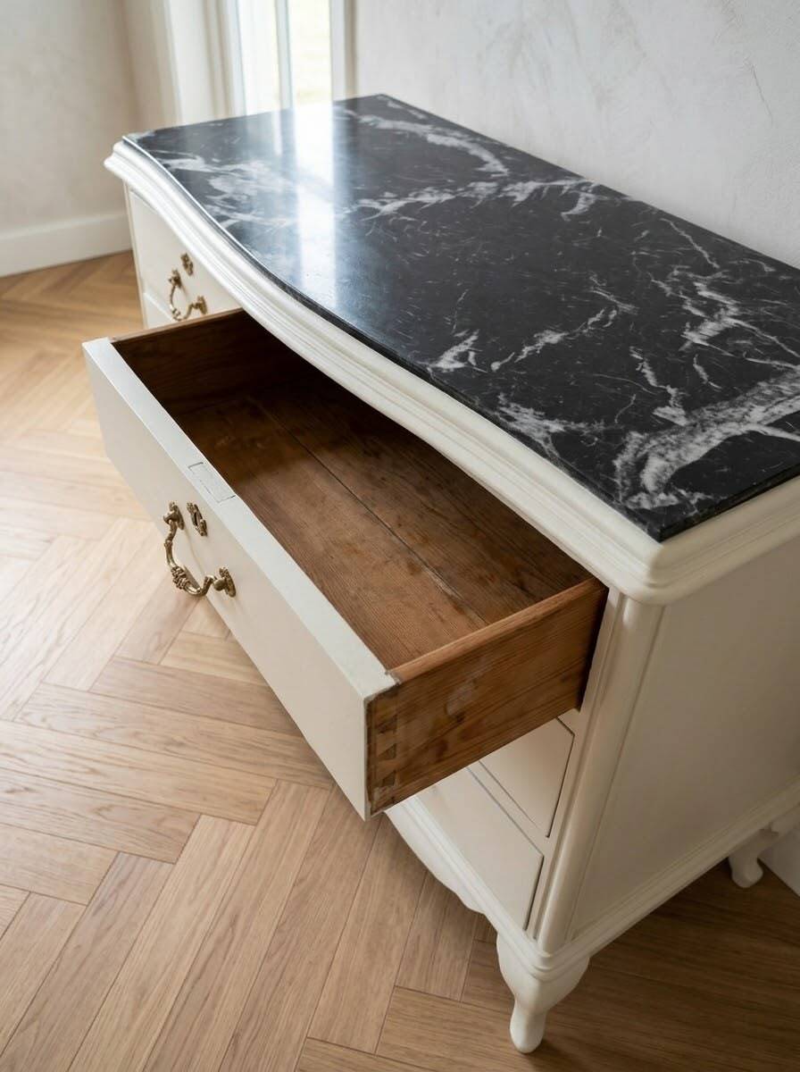 Commode vintage courbée avec plateau en marbre - Rénovée