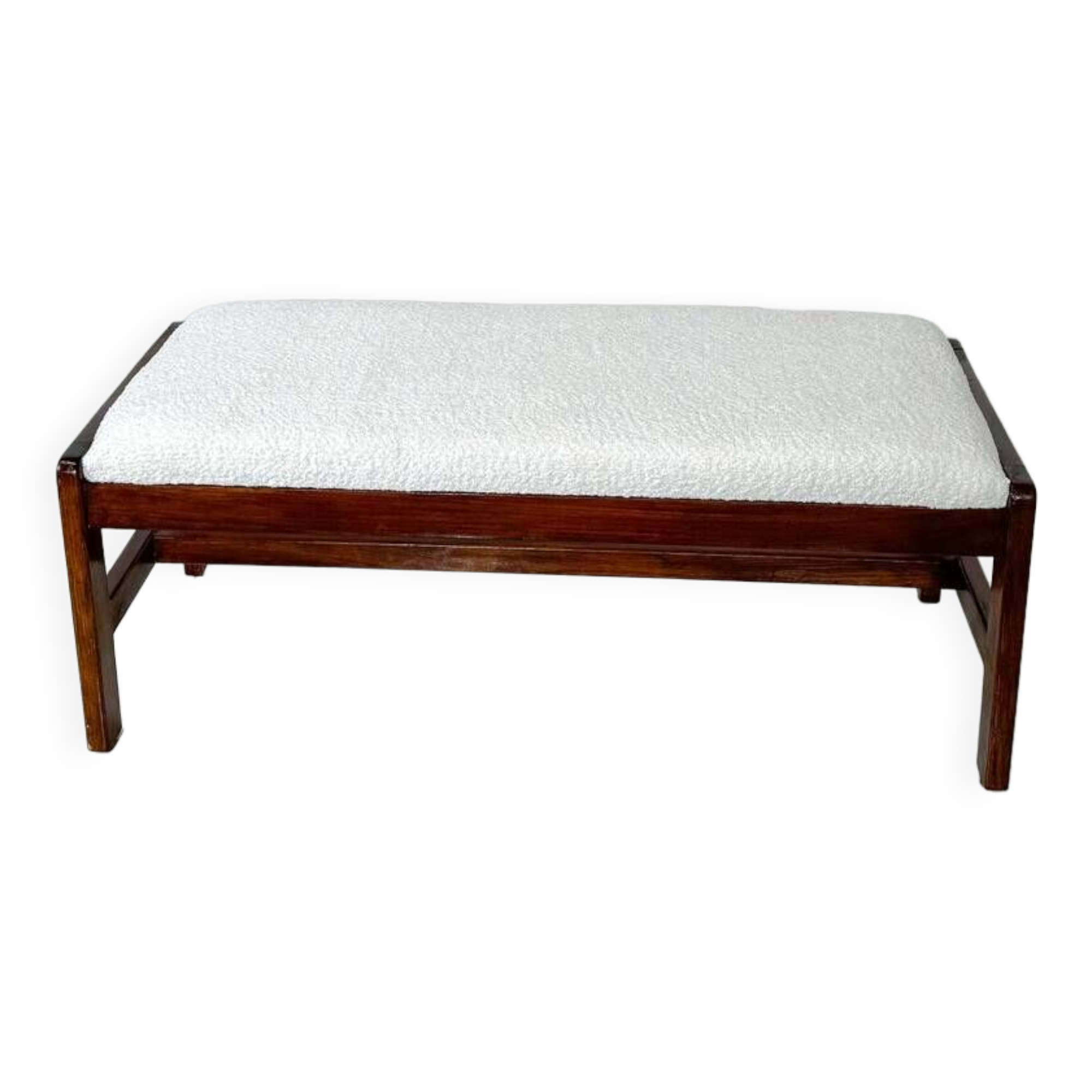 Bench in wood and white boucle fabric, italy, 1960s