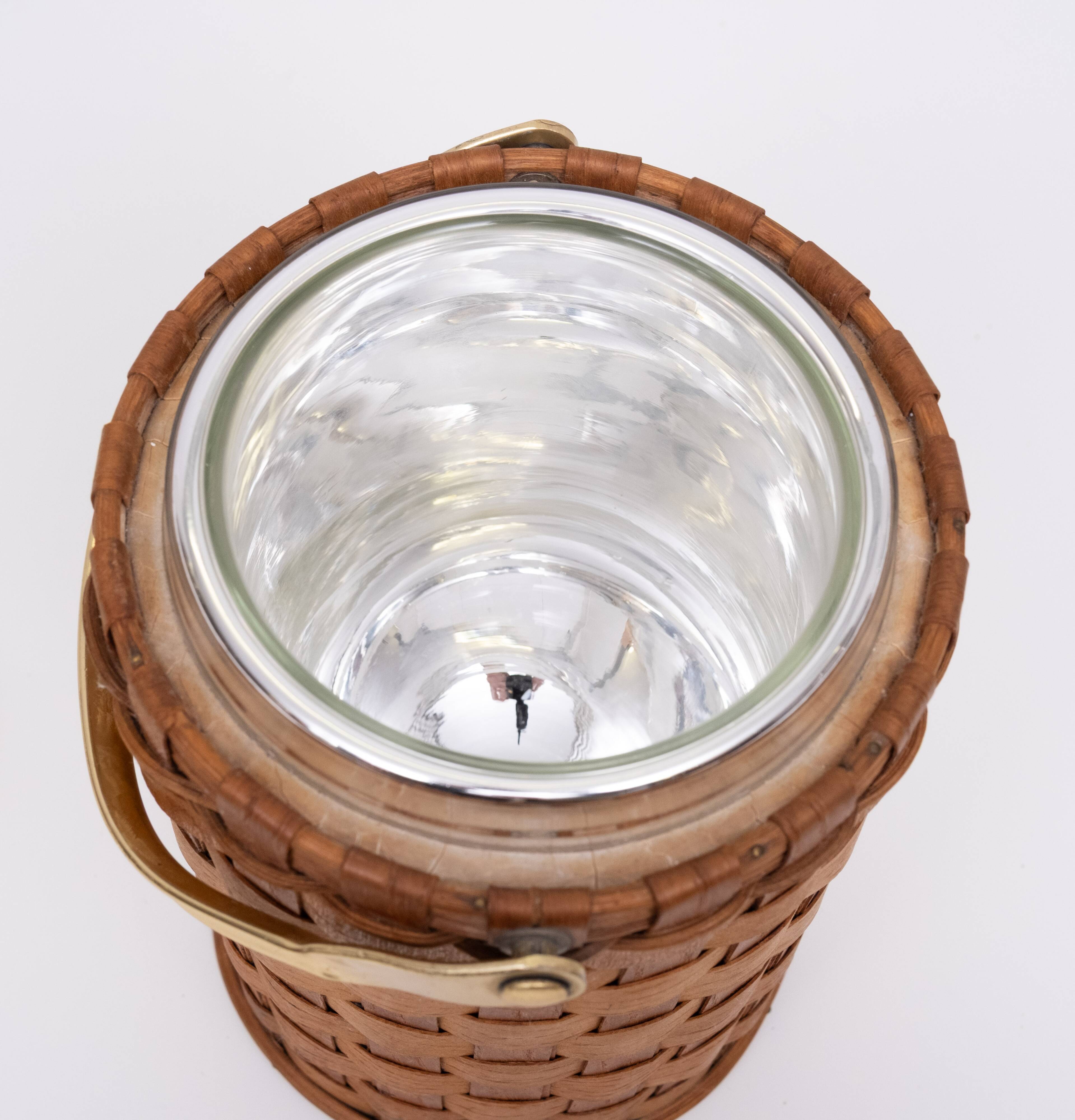 Wicker Ice bucket Brass lid and ice tongs 1960s