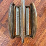 Magazine rack in curved wood, fabric and canework