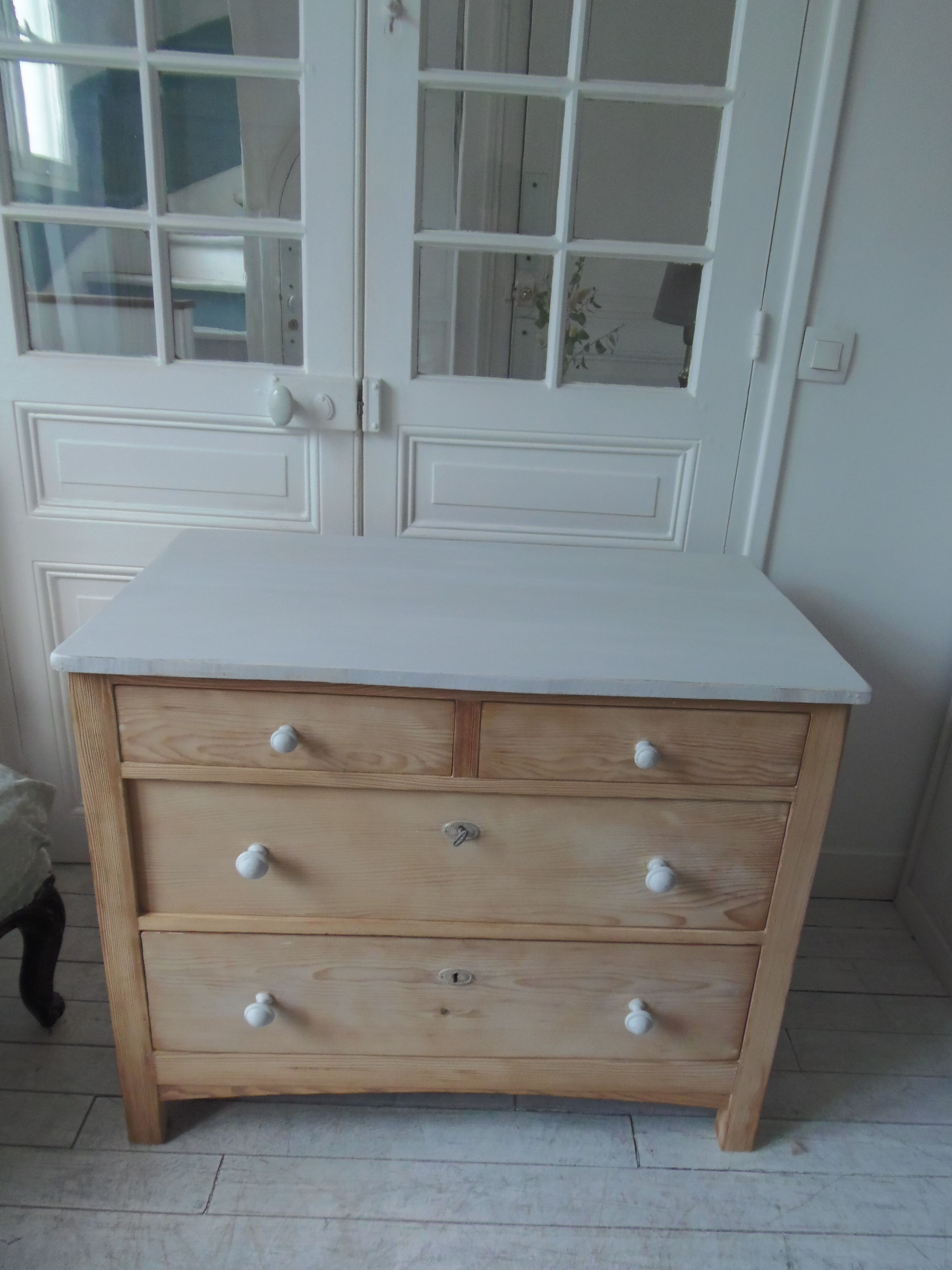 Vintage raw pitchpin chest of drawers, pearl grey patinated drawer tray buttons