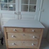Vintage raw pitchpin chest of drawers, pearl grey patinated drawer tray buttons