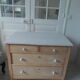 Vintage raw pitchpin chest of drawers, pearl grey patinated drawer tray buttons