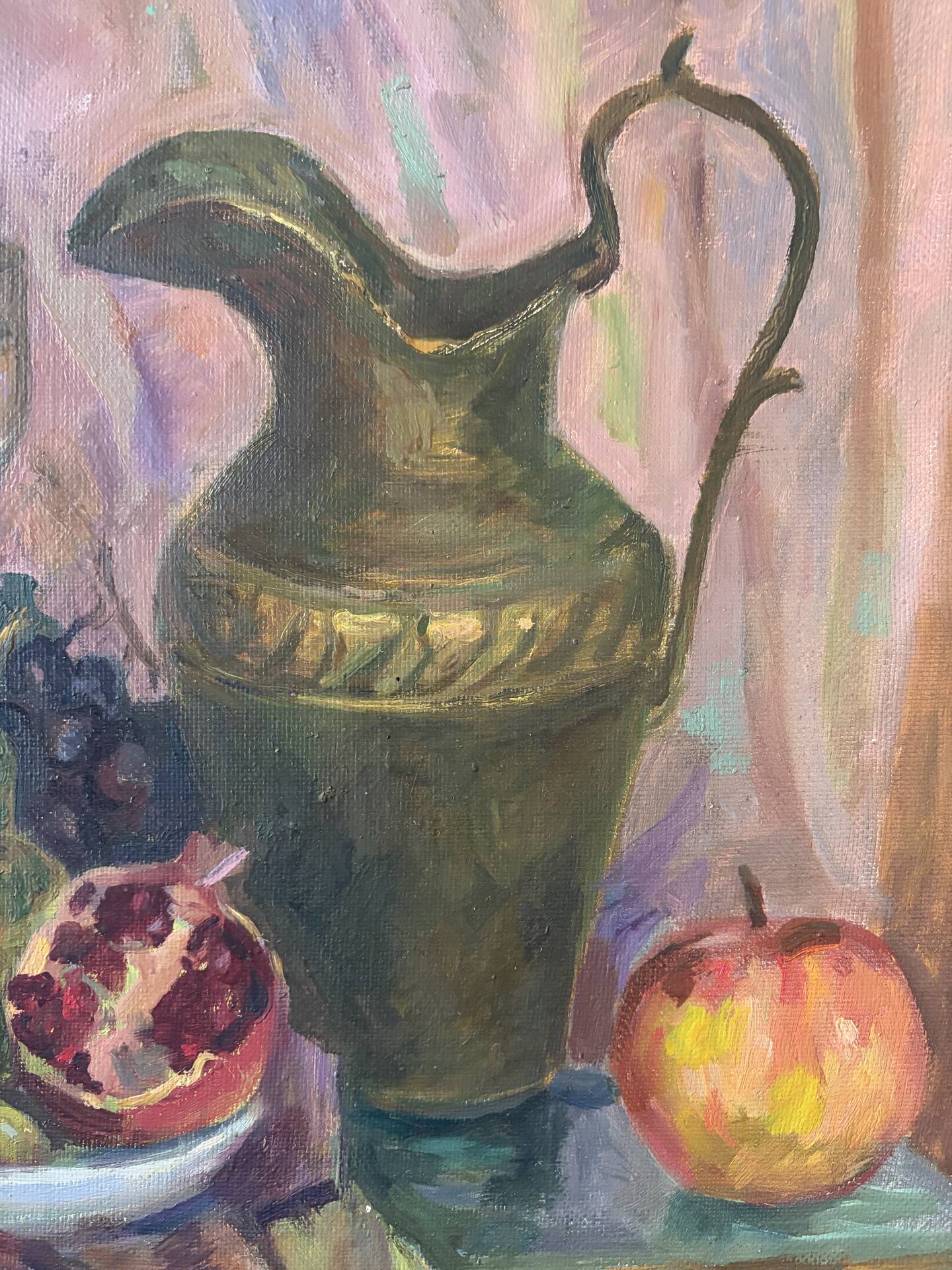 Russian still life with fruits and jug, oil on canvas signed 1986