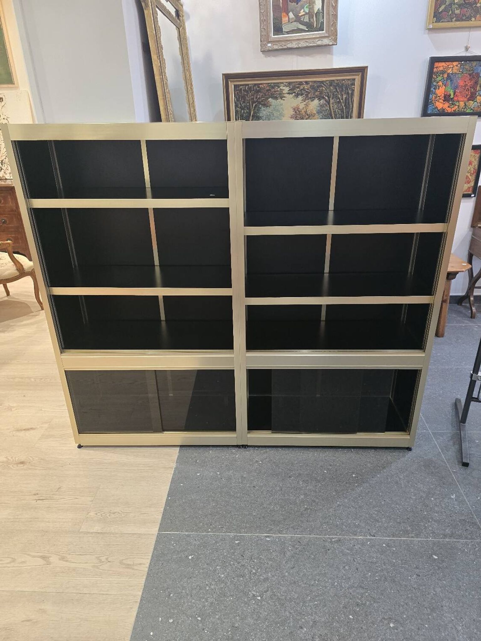 Bibliothèque design années 70 metal doré bois laqué