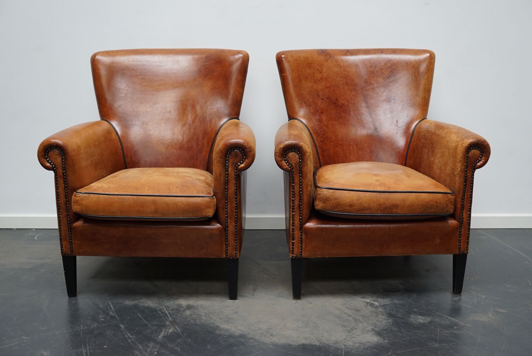 Fauteuil club en cuir vintage hollandais de couleur cognac, ensemble de 2