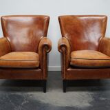Fauteuil club en cuir vintage hollandais de couleur cognac, ensemble de 2