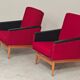 Pair of Drevotex Zamberk armchairs, red fabric and faux leather 1970