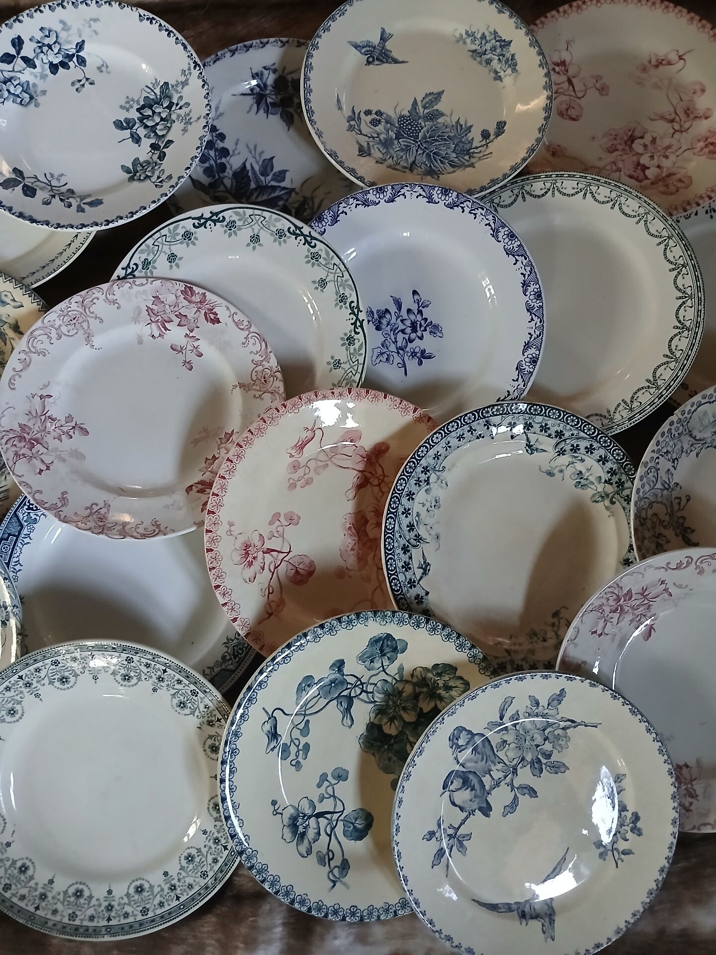 20 mismatched antique flat plates in ironstone