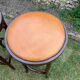 Pair of curved wooden bistro stools with leather seats