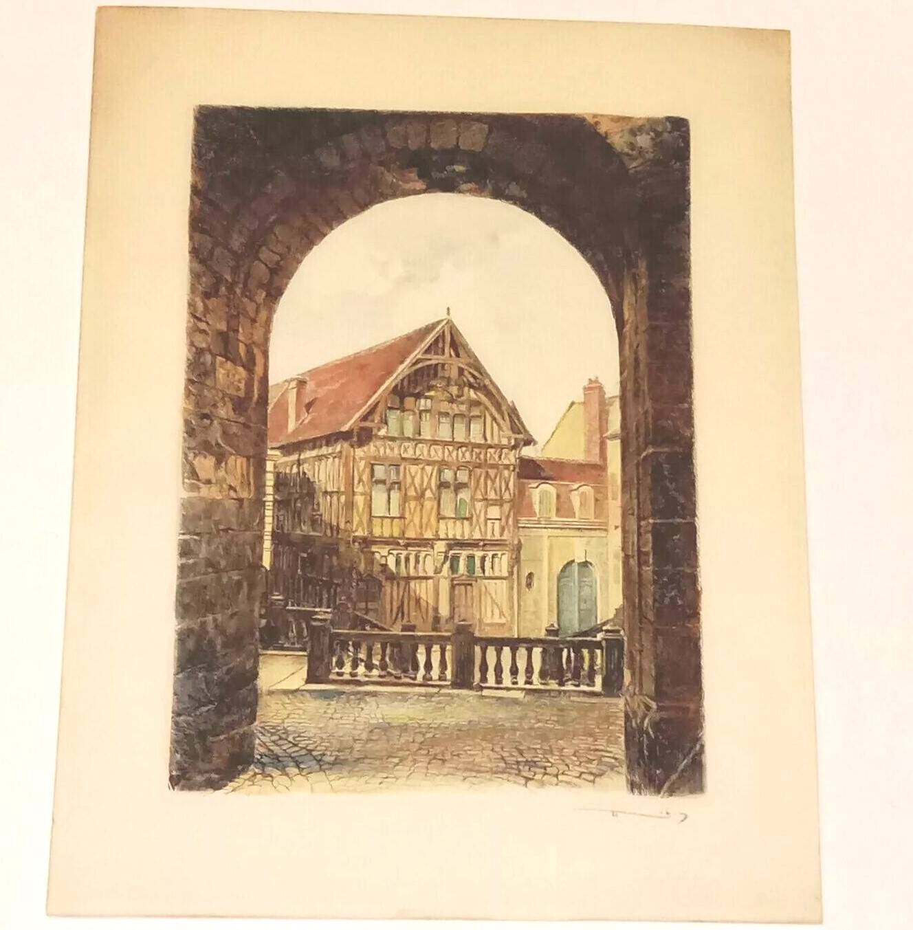 Joigny Old House Porte Saint Jean Colored etching signed Léopold Robin