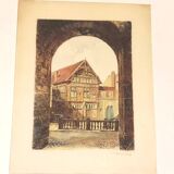 Joigny Old House Porte Saint Jean Colored etching signed Léopold Robin
