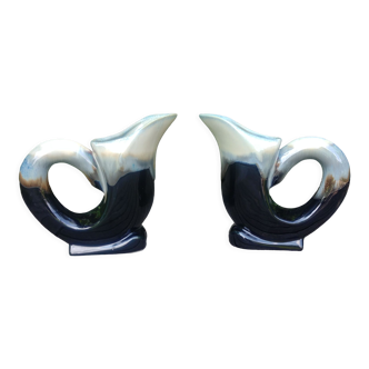 Deux vases forme cygne en céramique vernissée vintage années 30/40