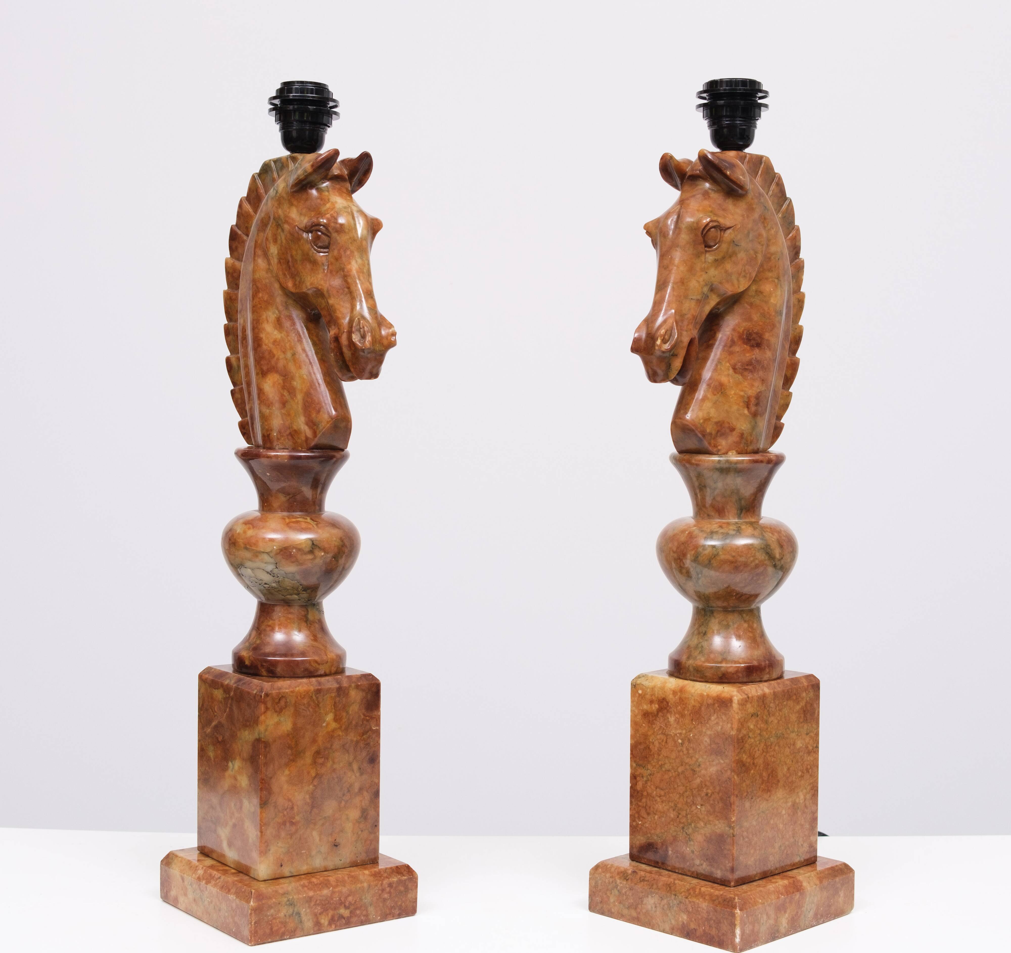 Large Horse Head Chess Knights Lamp in Carved Alabaster, taly, 1960s, Set of 2