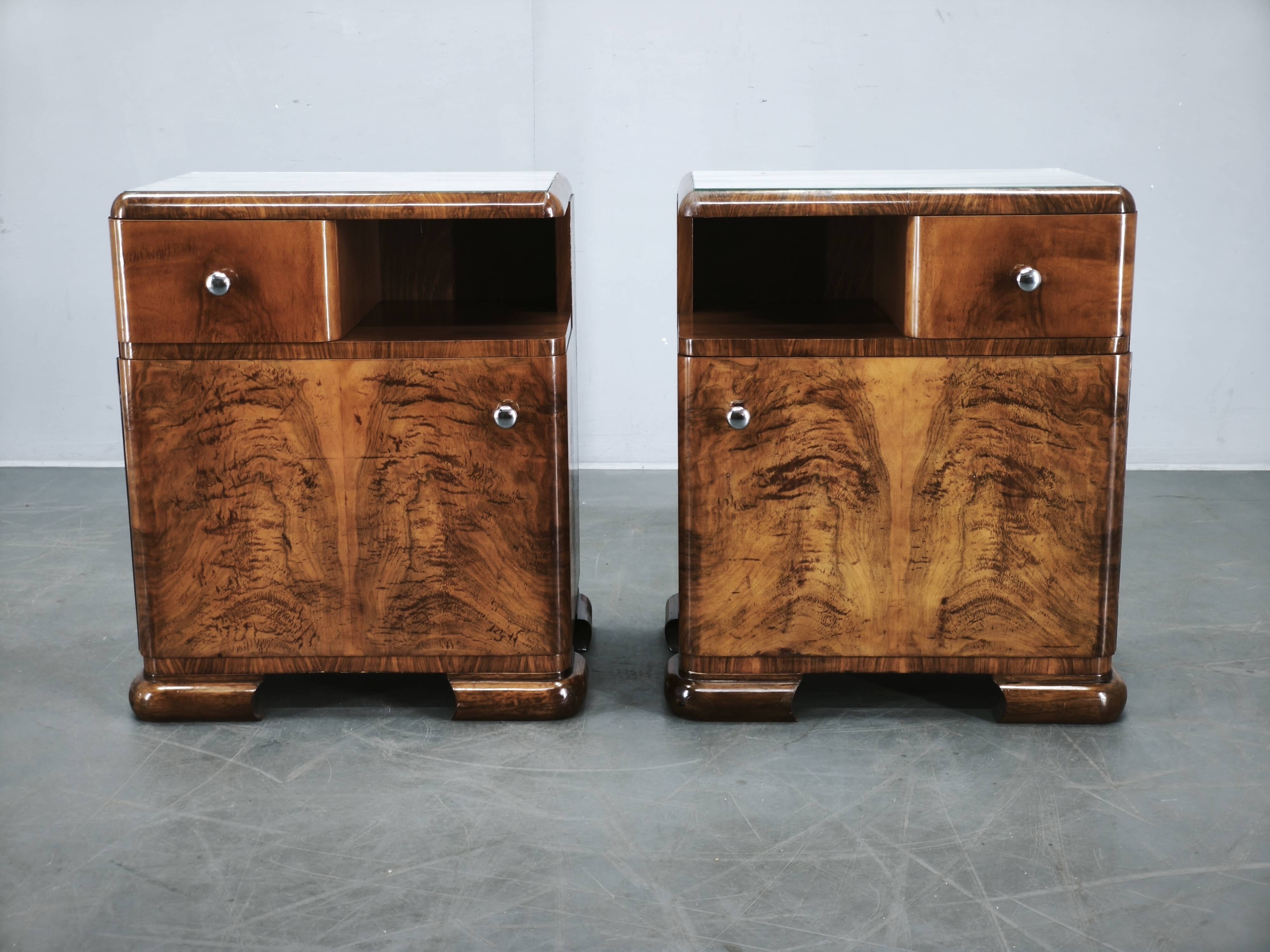 Pair of Art Deco Walnut Nightstands, Czechoslovakia, 1930s