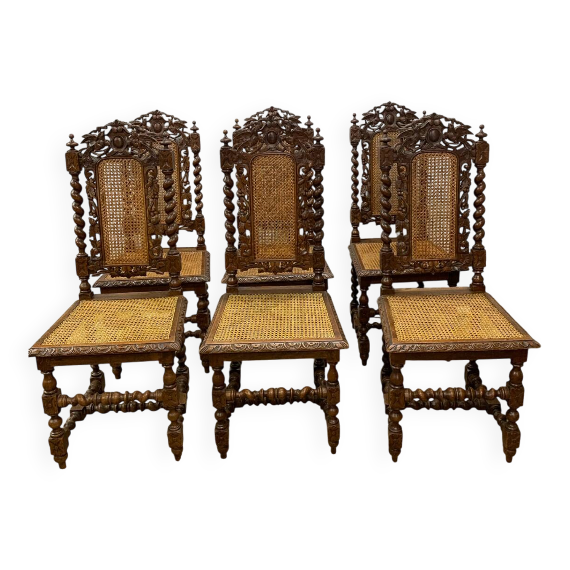 6 antique Henry II caned chairs