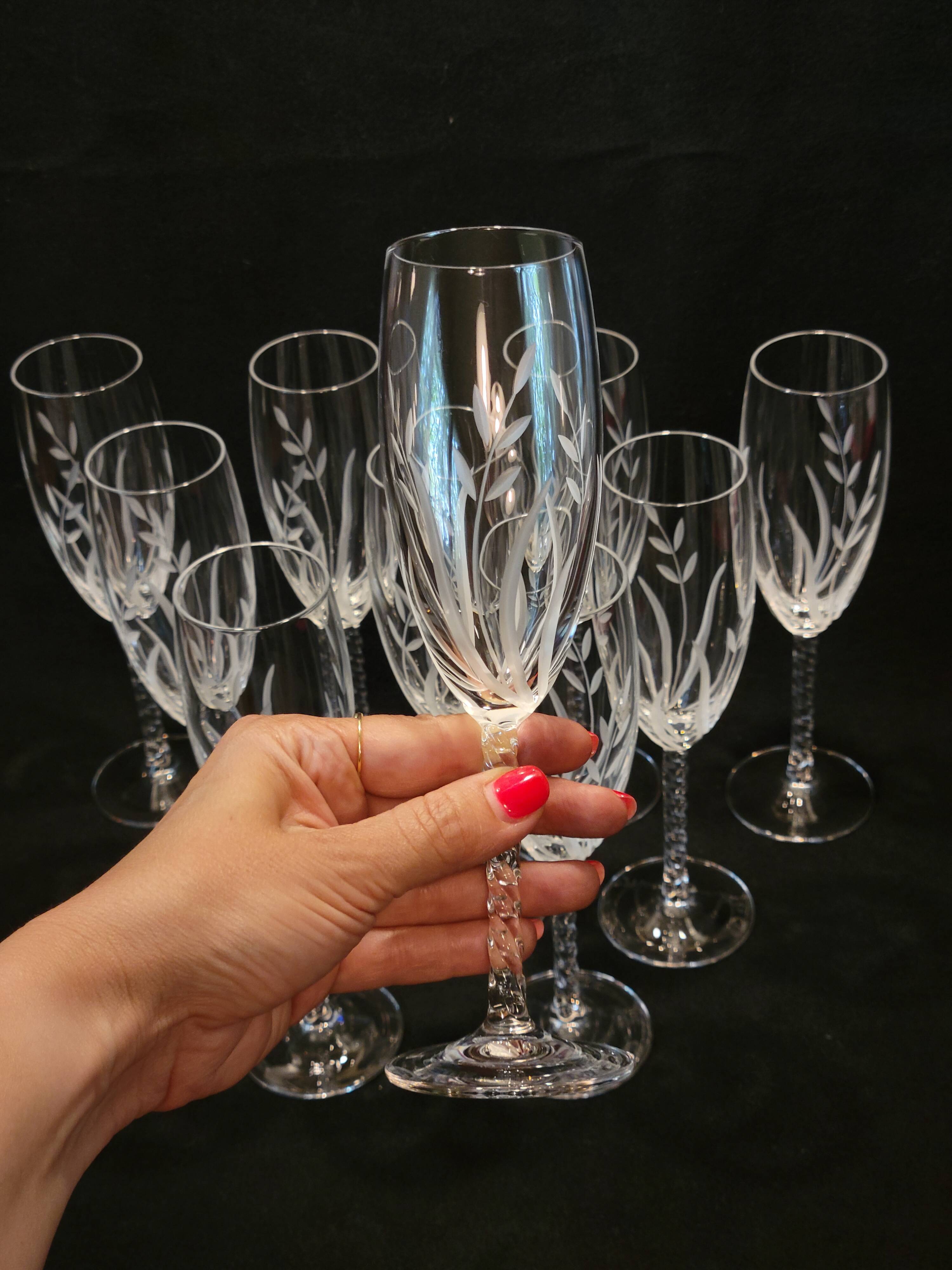 10 Arques Crystal Champagne Flutes, Fleury Cut Flamépis Pattern