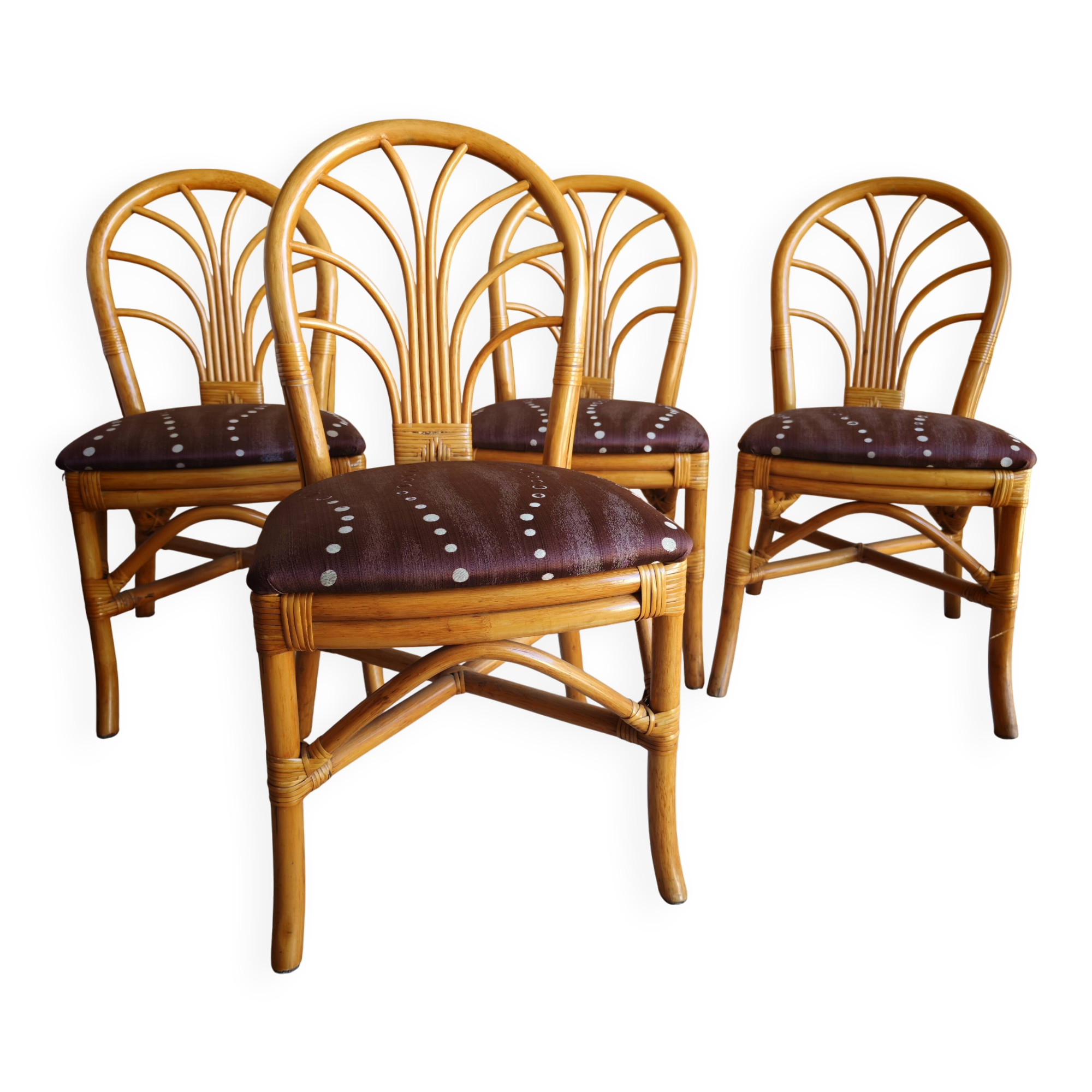 Set of 4 rattan and bamboo chairs, "fan" backrest, vintage 70s.