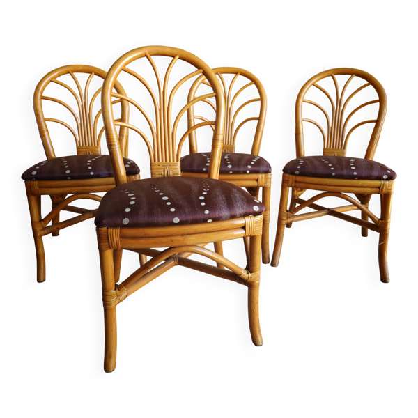 Lot de 4 chaises en rotin et bambou, dossier ''éventail'', vintage 70s