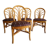 Set of 4 rattan and bamboo chairs, "fan" backrest, vintage 70s.