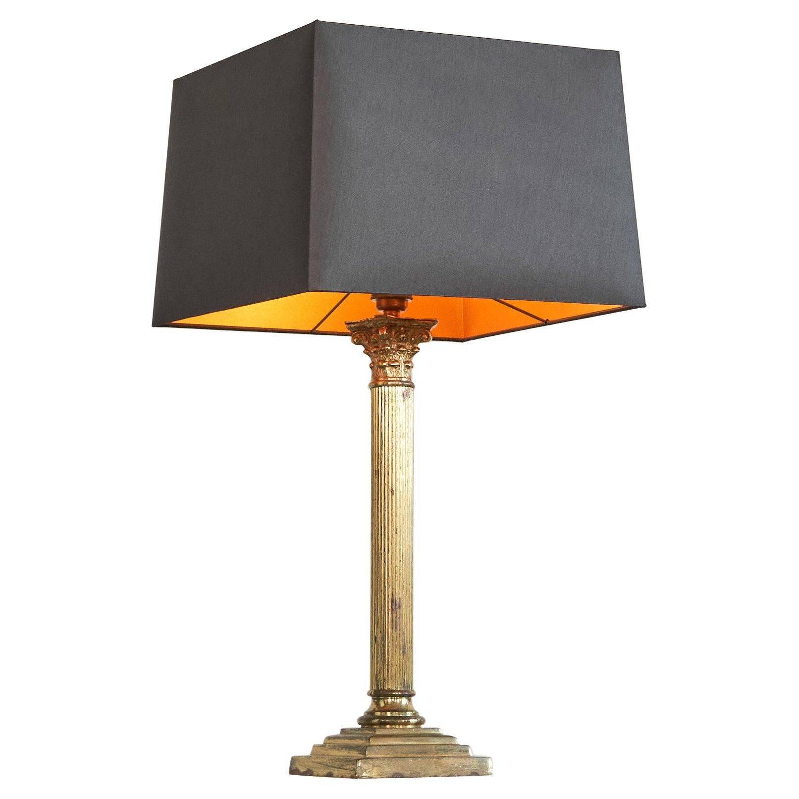 Neoclassical column table lamp in patinated brass