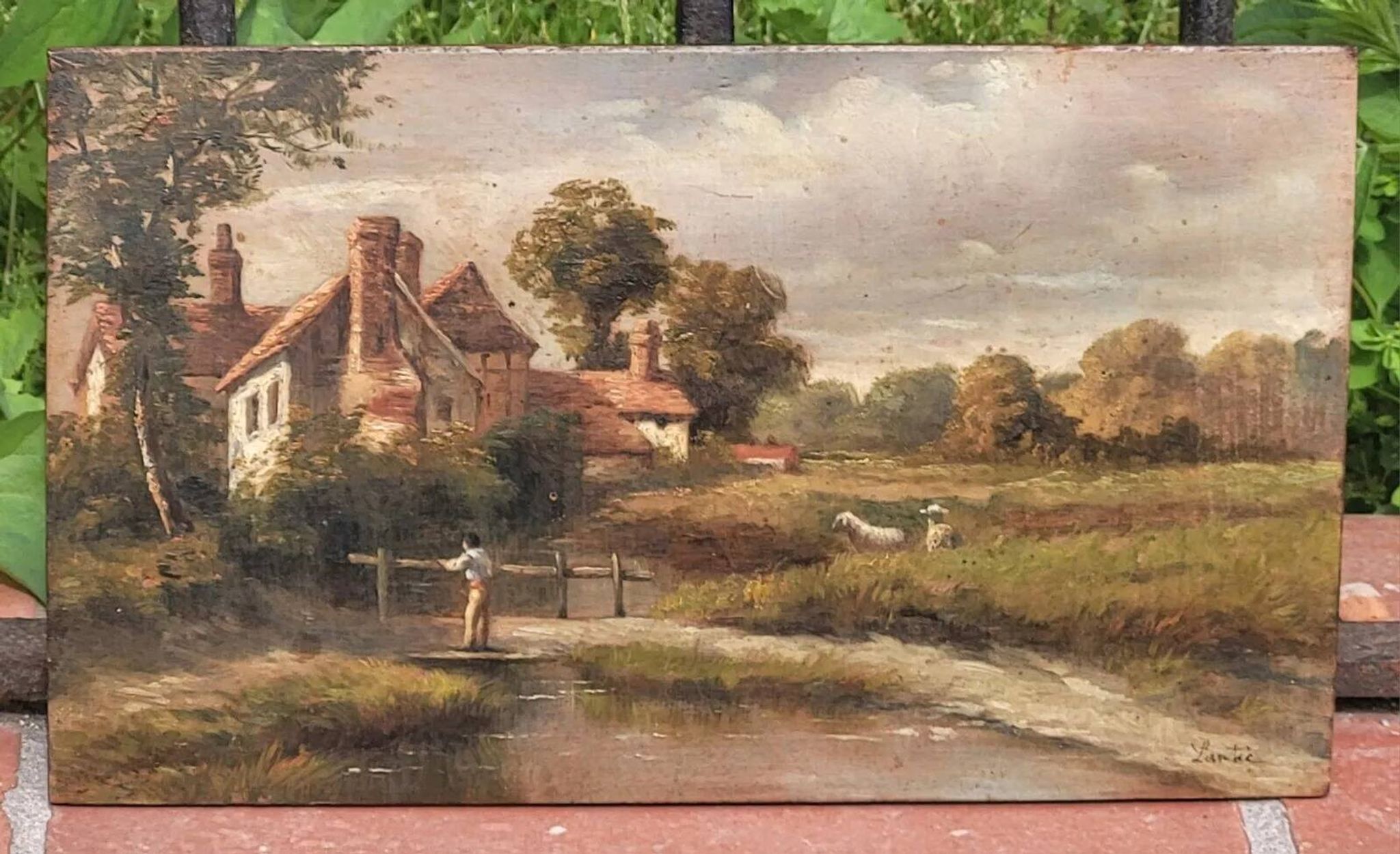 Antique Painting Signed and Dated Animated Landscape Oil Painting on Wood Panel