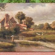 Antique Painting Signed and Dated Animated Landscape Oil Painting on Wood Panel