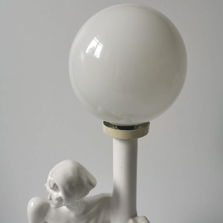 Ceramic woman lamp and opaline globe year 80
